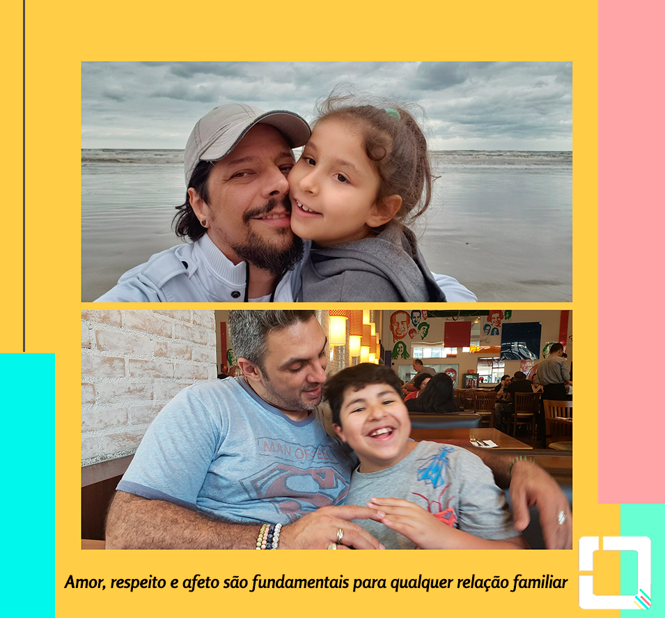 A imagem contém duas fotos. Na primeira, há um pai com a filha com aproximadamente 6 anos no colo. Na segunda fotografia, há um pai ao lado do filho de aproximadamente 8 anos. Abaixo das imagens há os dizeres: "amor, respeito e afeto são fundamentais para qualquer relação familiar"