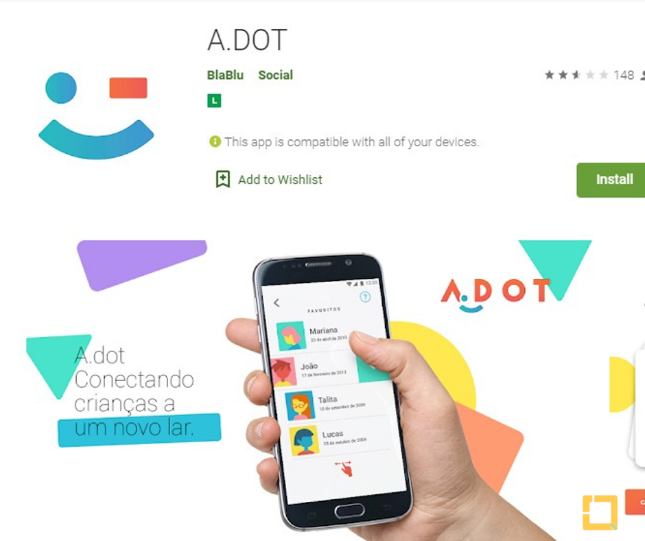 A imagem apresenta a interface da plataforma Play Store quando se busca o aplicativo A.dot. Há a apresentação do logotipo do aplicativo e no centro da imagem há um celular cuja tela apresenta a interface do A.dot.