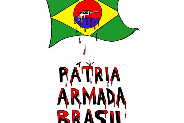 imagem de bandeira do Brasil, com o círculo com uma arma e com parte de sangue, e, logo abaixo, vê-se a imagem pátria armada Brasil. Charge para ilustrar matéria sobre opinião de especialistas do público geral sobre pacote anticrime