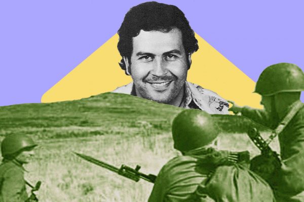 imagem de Pablo Escobar e elementos militares ilustrando texto sobre guerra às drogas no Brasil