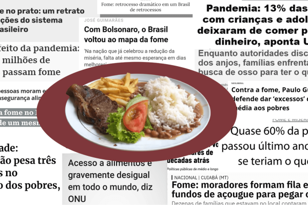 Imagem composta pela colágem de várias manchetes, as quais possuem o fundo branco e as notícias em preto com fontes diversas. Ao centro há um prato de comoda com arroz, feijão, bife de carne bovina, alface, tomate e batata frita. O prato é branco e está sobre uma elipse marrom.